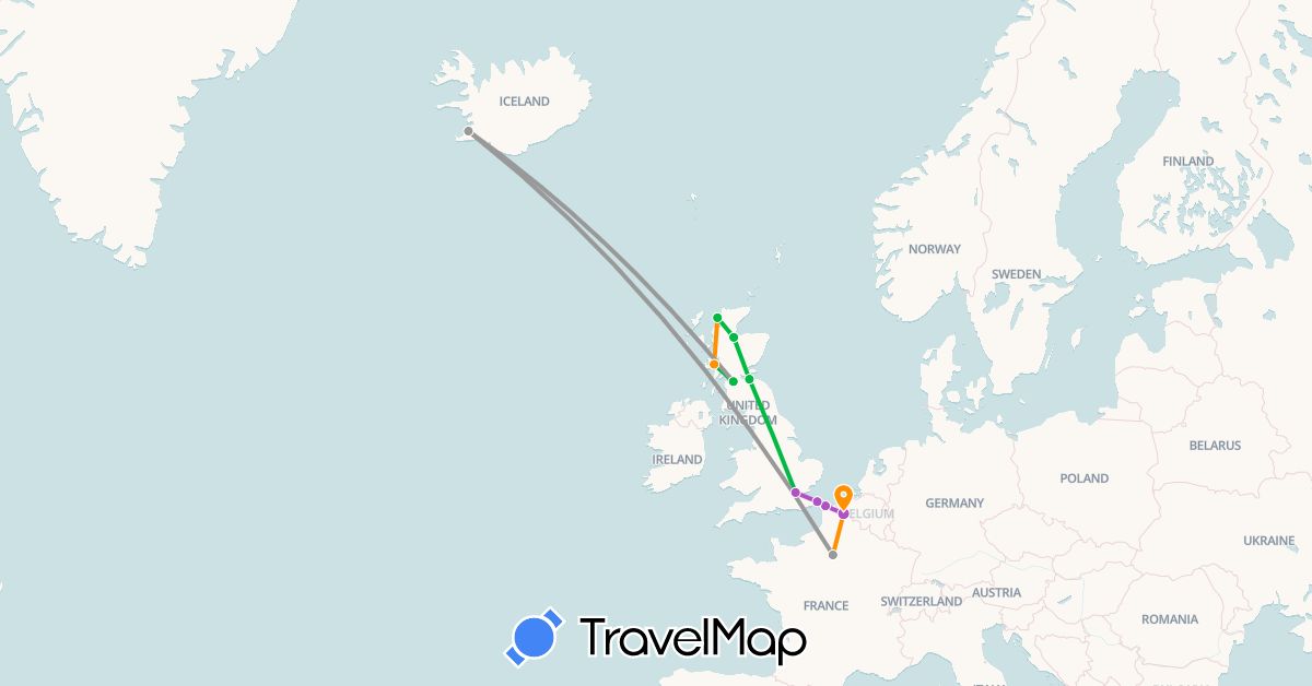 TravelMap itinerary: driving, bus, plane, train, hitchhiking in France, United Kingdom, Iceland (Europe)